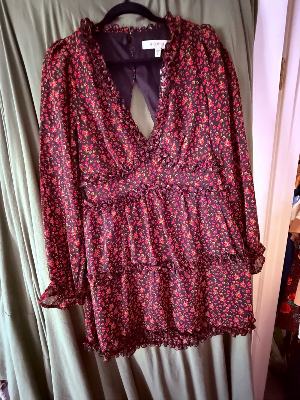 Row A Black Mini Dress with Red Floral Print sz L